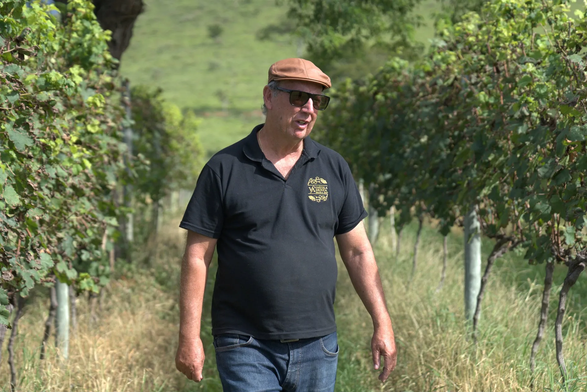 Maurício Arouca caminhando entre os parreirais da Vinícola Arouca